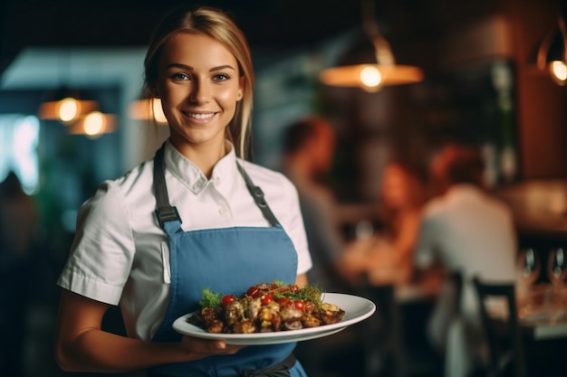 Mezza donna in piedi al chiuso lavoro ristorante cameriere sorriso tenendo ritratto cibo AI generativa