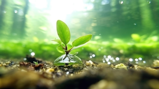 Mezza fotografia macro subacquea flusso di acqua fresca giovane pianta verde primavera all'aperto bella Generative AI AIG32
