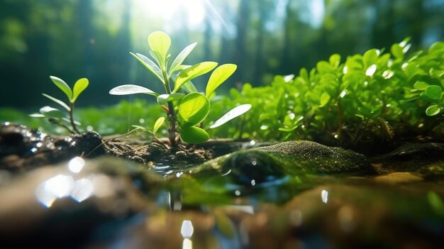 Mezza fotografia macro subacquea flusso di acqua fresca giovane pianta verde primavera all'aperto bella Generative AI AIG32