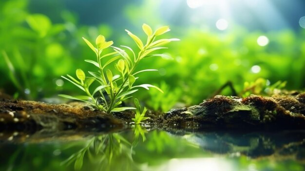 Mezza fotografia macro subacquea flusso di acqua fresca giovane pianta verde primavera all'aperto bella Generative AI AIG32