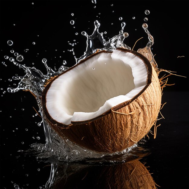 Mezza noce di cocco incrinata in spruzzi d'acqua su sfondo isolato