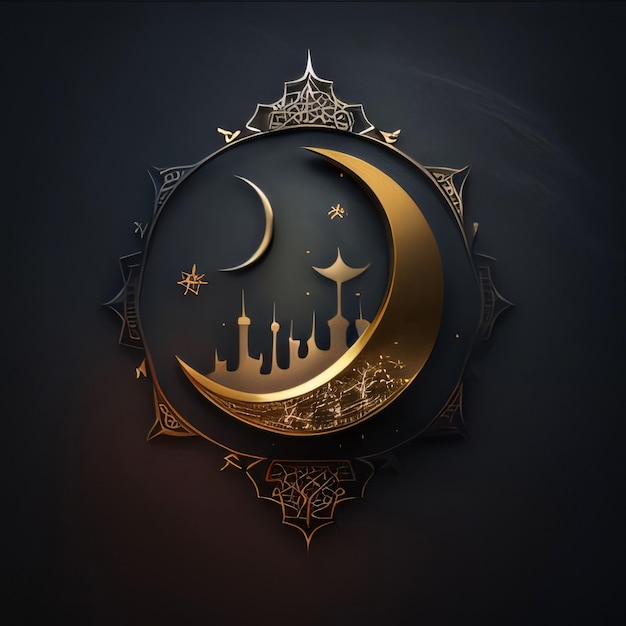 Mezzaluna decorata con una silhouette di una moschea su uno sfondo scuro Moschea come luogo di preghiera per i musulmani
