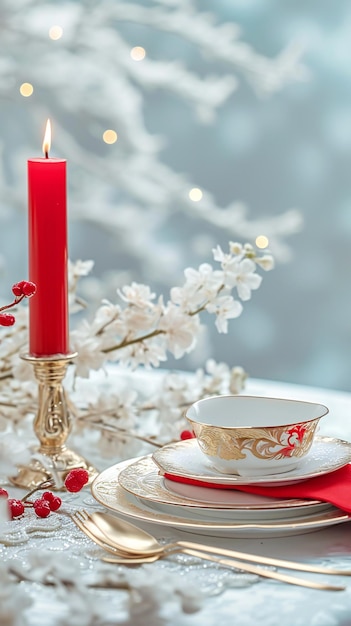 Mezzata invernale con candela rossa e delicati fiori bianchi