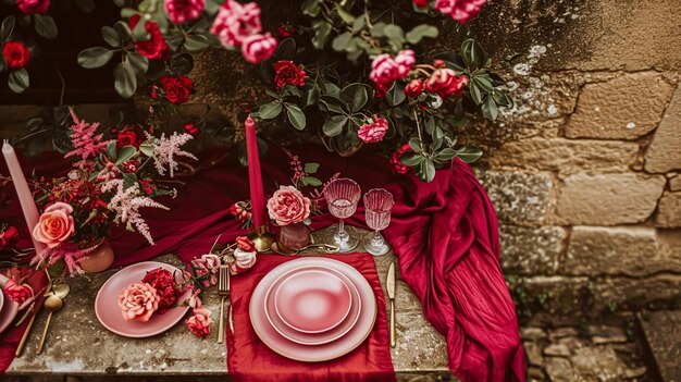 Mezzina festiva con candele e bellissimi fiori rossi in vaso