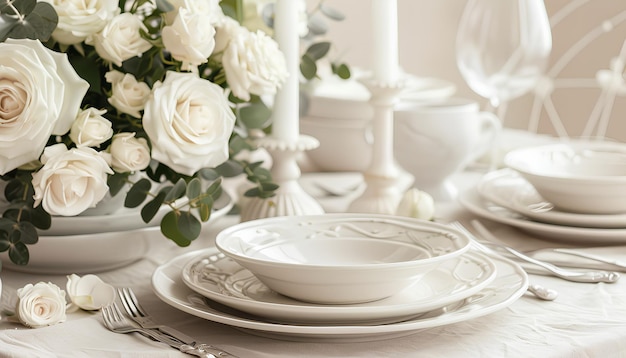 Mezzina festiva con rose bianche e piatti bianchi d'epoca su uno sfondo beige