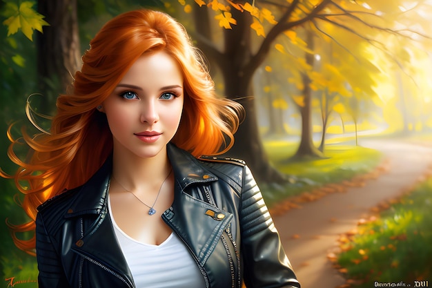 Mezzo corpo ritratto di una giovane donna begli occhi viso fantastico caucasico bellissimo look giacca di pelle capelli arancioni occhi arancioni AI Generative