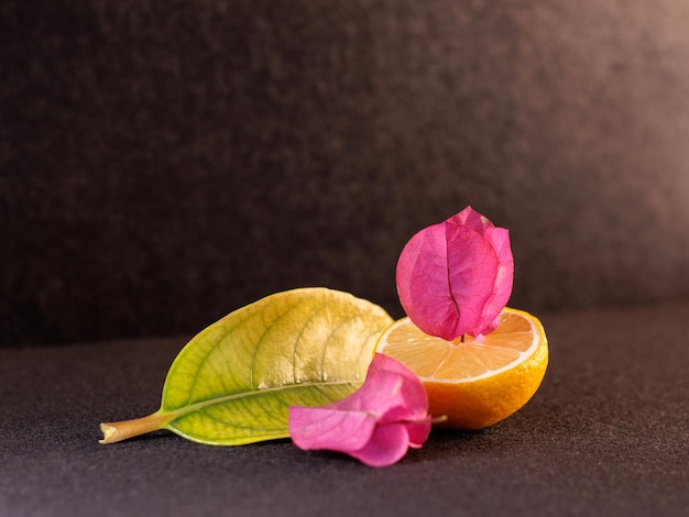 Mezzo limone con fiori rosa su sfondo nero