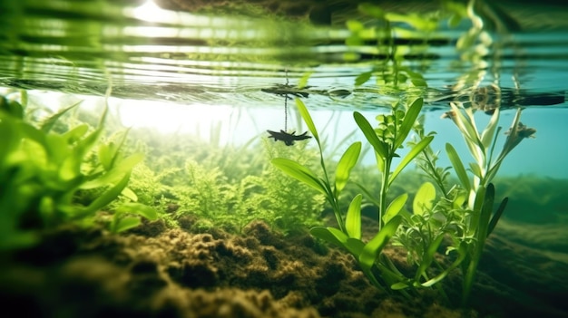 Mezzo subacqueo split fotografia macro flusso di acqua fresca giovane pianta verde primavera all'aperto bella Generative AI AIG32
