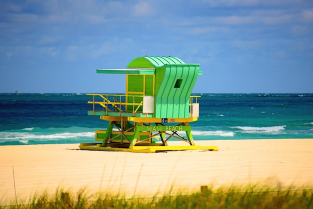 Miami Beach con torre del bagnino e costa con nuvole colorate e cielo blu