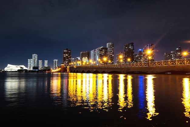 Miami Florida USA skyline su Biscayne Bay città notte sfondi Miami Florida tramonto panorama con colorati edifici commerciali e residenziali illuminati e ponte su Biscayne Bay