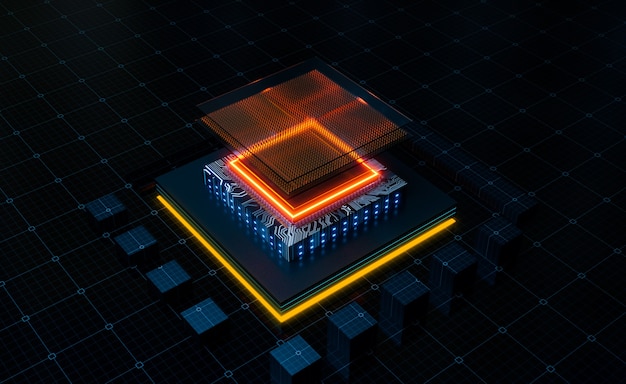 Micro circuito della struttura della CPU con circuito della linea di alimentazione, rendering dell'illustrazione 3d