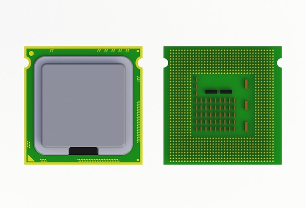 Microchip del CPU (unità centrale di elaborazione) isolato su fondo bianco, rappresentazione 3D