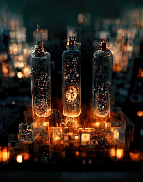 Microchip steampunk d'ardore dell'illustrazione 3d del retrofuturismo delle lampadine