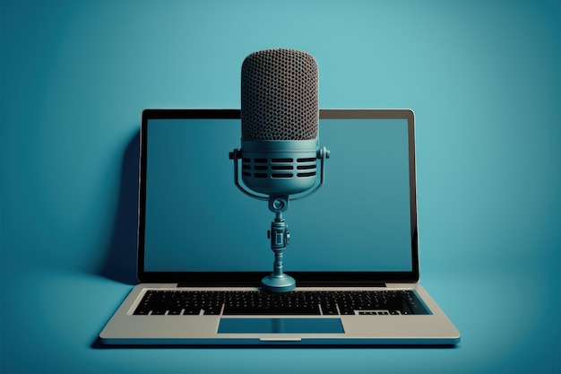 Microfono da studio con concetto di podcast portatile sfondo blu IA generativa