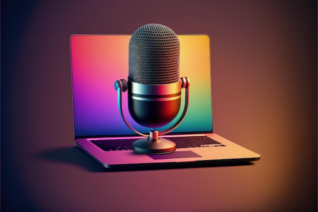 Microfono da studio con sfondo al neon del concetto di podcast per laptop AI generativa
