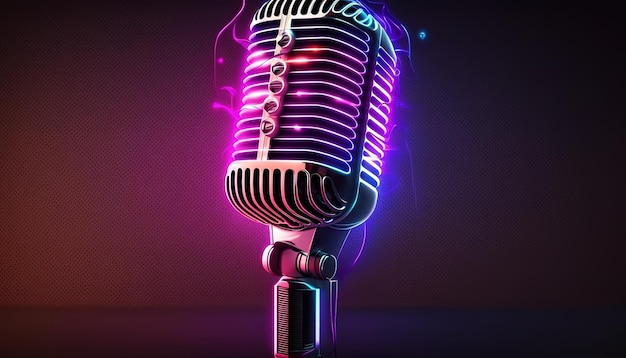 Microfono da studio podcast sfondo luminoso al neon AI generativa