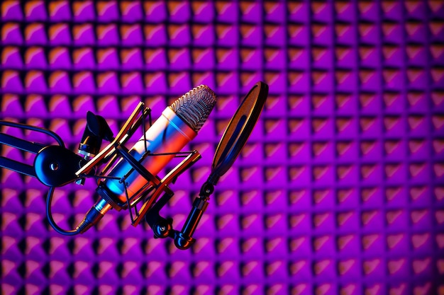 Microfono da studio professionale sullo sfondo di un pannello in schiuma acustica alla luce al neon