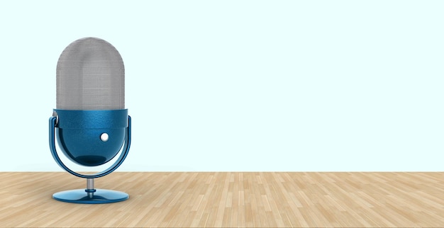 Microfono da tavolo di colore blu per Podcast su tavolo di legno e sfondo azzurro Immagine panoramica rendering 3D