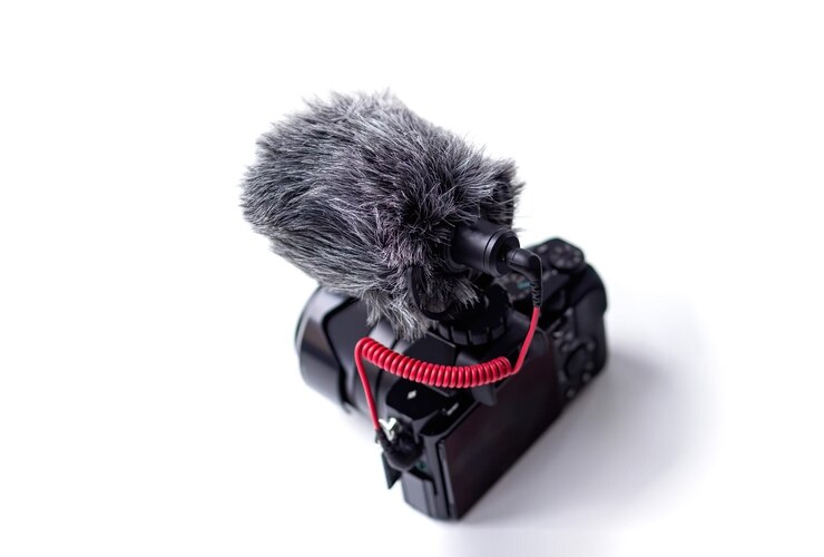 Microfono esterno direzionale con soffice parabrezza sintetico Installato su una fotocamera mirrorless