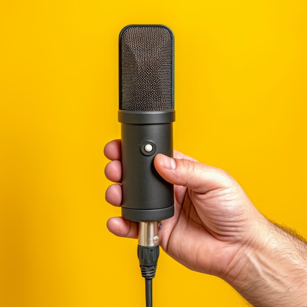 Microfono nero in mano su sfondo giallo