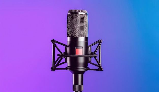 Microfono podcast da studio su sfondo al neon sfumato