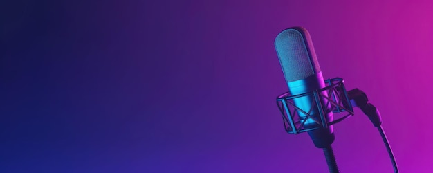 Microfono podcast da studio su sfondo al neon sfumato
