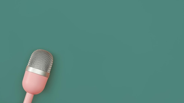 Microfono rosa per podcast su sfondo verde Concetto di tecnologia e apparecchiature audio