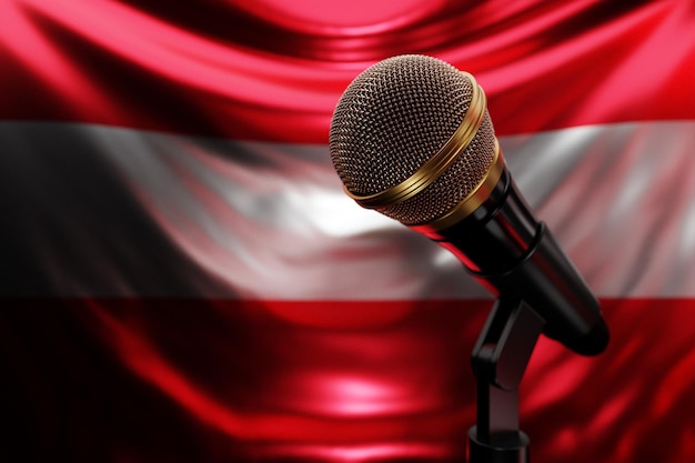 Microfono sullo sfondo della bandiera nazionale dell'AustriaxUn'illustrazione 3d realistica premio musicale karaoke radio e apparecchiature audio da studio di registrazione