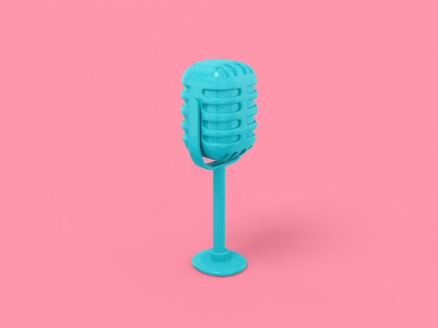 Microfono vintage blu a un colore su sfondo piatto rosa. Oggetto di design minimalista. Elemento dell'interfaccia ui ux dell'icona di rendering 3d.