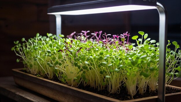 Microgreen freschi che crescono in vaso sotto la luce vegetariana alimentare generativa AI