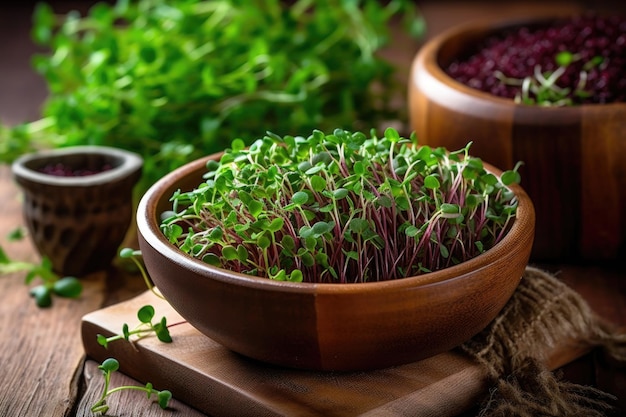 Microgreens appena raccolti in una ciotola di legno creata con l'IA generativa