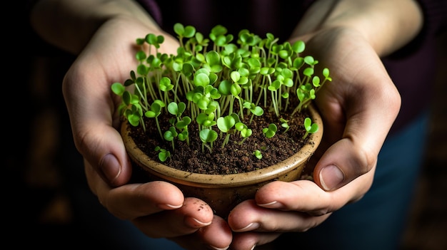 Microgreens che crescono sullo sfondo con germogli di microgreen nelle mani femminili AI generativa