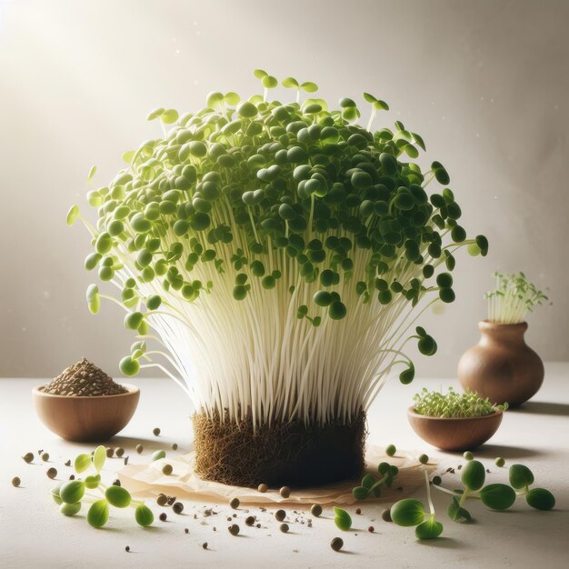 Microgreens con germogli e foglie giovani in una pentola di ceramica su uno sfondo leggero della cucina