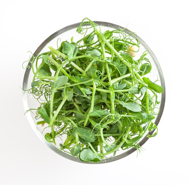 Microgreens freschi di pisello in una ciotola di vetro isolata su sfondo bianco