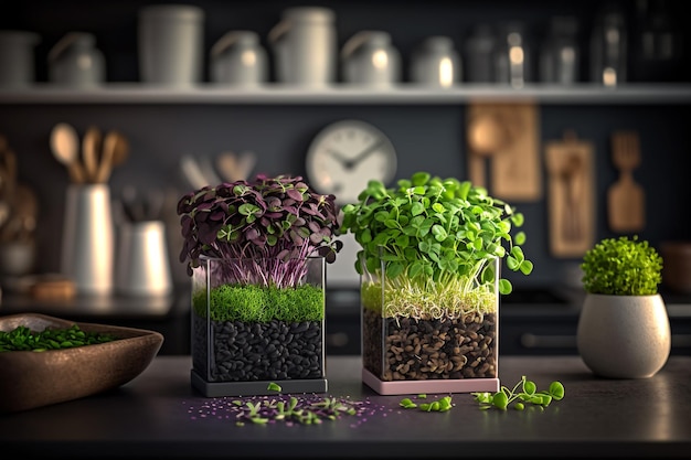 Microgreens in crescita a casa illustrazione IA generativa