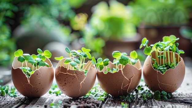 Microgreens in gusci d'uovo concetto di primavera e Pasqua Copia spazio