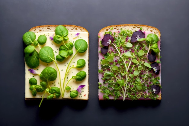 Microgreens nel cibo sano e nelle insalate disposte sul pane