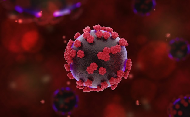 Microscopiche cellule virus COVID-19. La causa della malattia respiratoria, illustrazione 3d