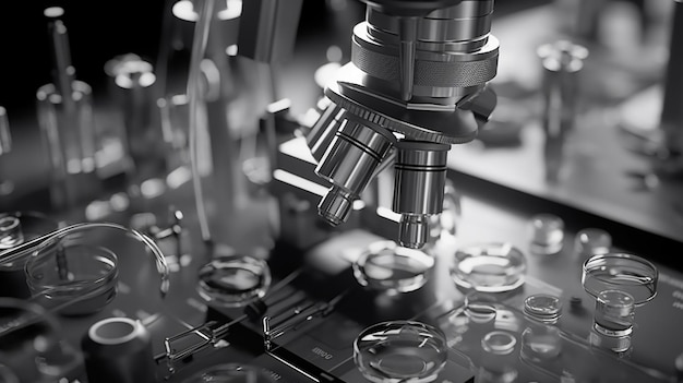 Microscopio e tubi di prova in laboratorio scientifico Microscopo e tubi da prova ai generativi