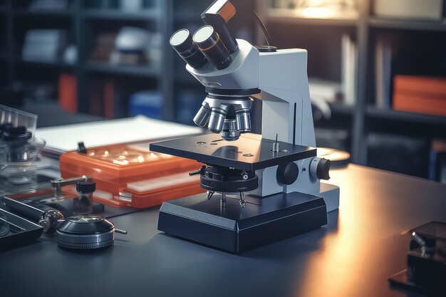 Microscopio sul tavolo della scuola tecnologia di ricerca scientifica