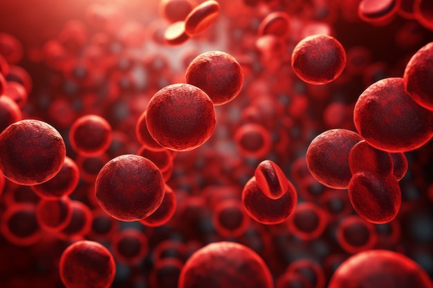 Microsopico dei batteri del virus rosso attaccano le cellule del sangue concetto di ricerca medica e scientifica generativo