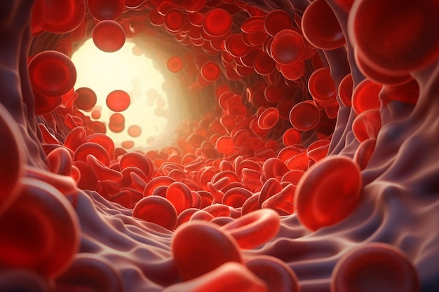 Microsopico dei globuli rossi che scorrono attraverso i vasi sanguigniconcetto di ricerca medica e scientifica