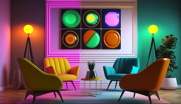 Mid country moderno colore neon soggiorno interior design AI Immagine generata