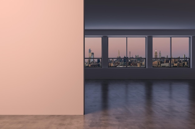 Midtown New York City Skyline di Manhattan Edifici da High Rise Window Immobili costosi Stanza vuota Interno con parete Mockup Grattacieli Vista Paesaggio urbano Tramonto Lato ovest Rendering 3d