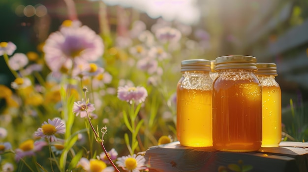 Miele in barattoli di vetro con fiori sullo sfondo