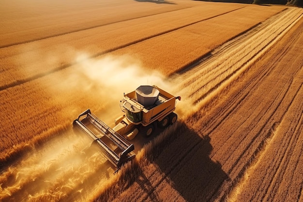 Mietitrebbiatrice che raccoglie grano dal campo in estate al tramonto Vista dall'alto IA generativa