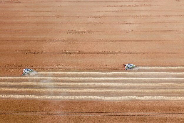 Mietitrebbiatrice lavorando su un campo di grano. Vista aerea della mietitrebbiatrice.