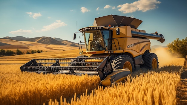 Mietitrebbiatrice New Holland che raccoglie l'orzo nell'Outback dell'Australia occidentale con un grande cielo azzurro e