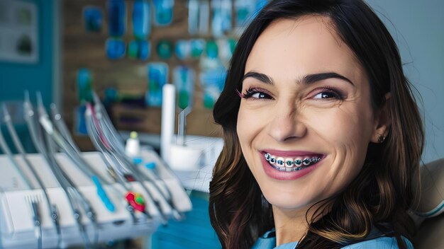 Migliorare la salute dentale Donna con ortodonzia Sorridendo per migliorare l'allineamento dei denti e il concetto di morso Cura dentale ortodonzia igiene orale ortodonzia sorriso bello