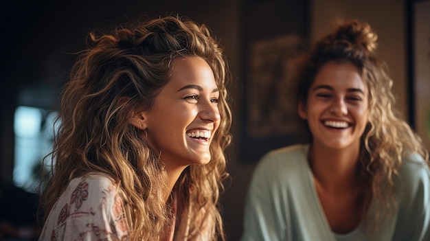 migliori amiche femminili sedute e ridenti sul tavolo